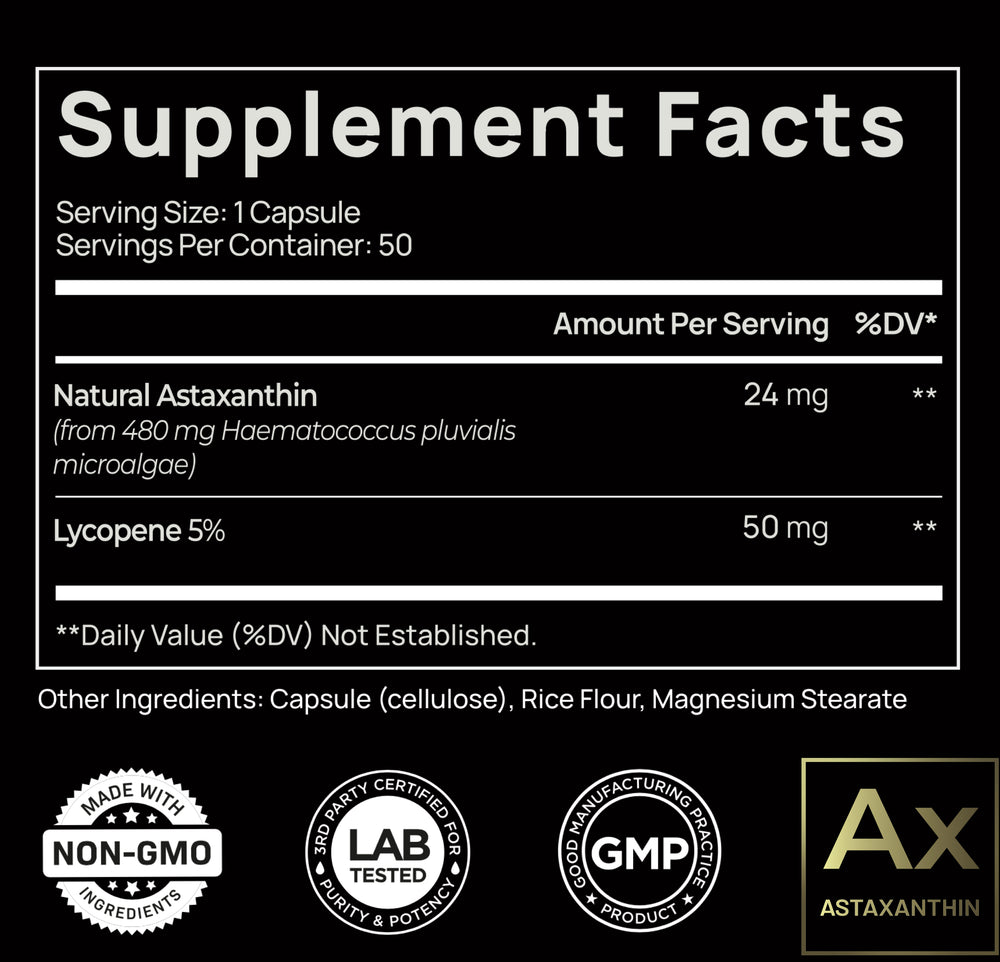 Astaxanthin 24mg + Lycopene 50mg Clinical Strength Carotenoids Skin Supplement w. 100% Natural from MicroAlgae