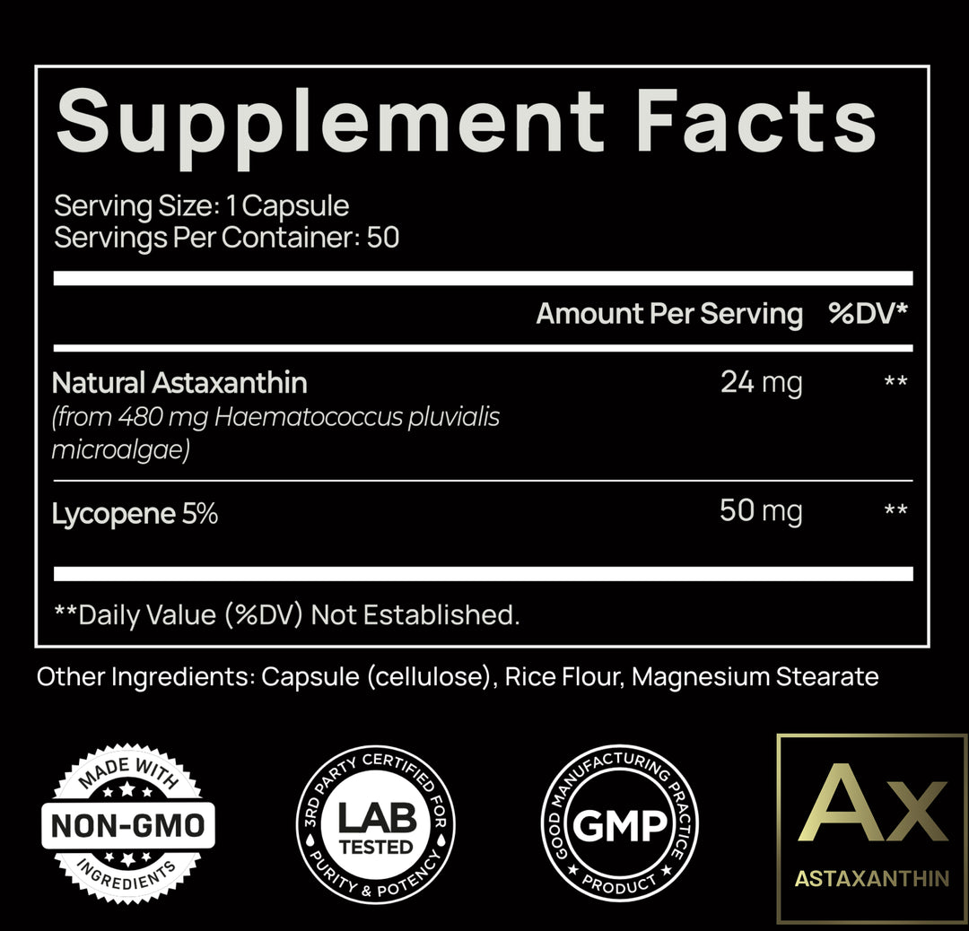 Astaxanthin 24mg + Lycopene 50mg Clinical Strength Carotenoids Skin Supplement w. 100% Natural from MicroAlgae