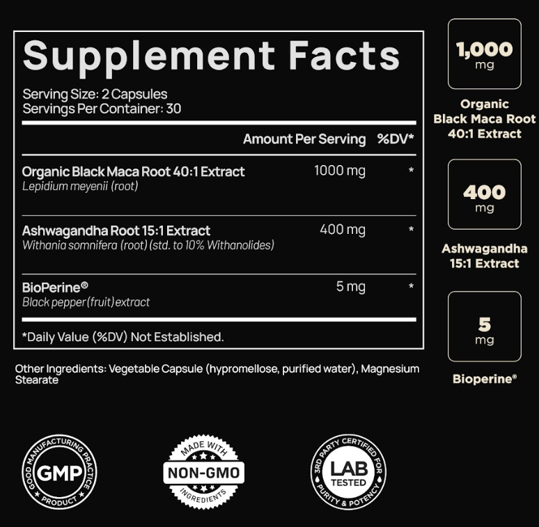 40x Strength Organic Black Maca Root w. Ashwagandha - #1 Highest Potency Black Maca Root Capsules for Men Supplement 40:1 Extract