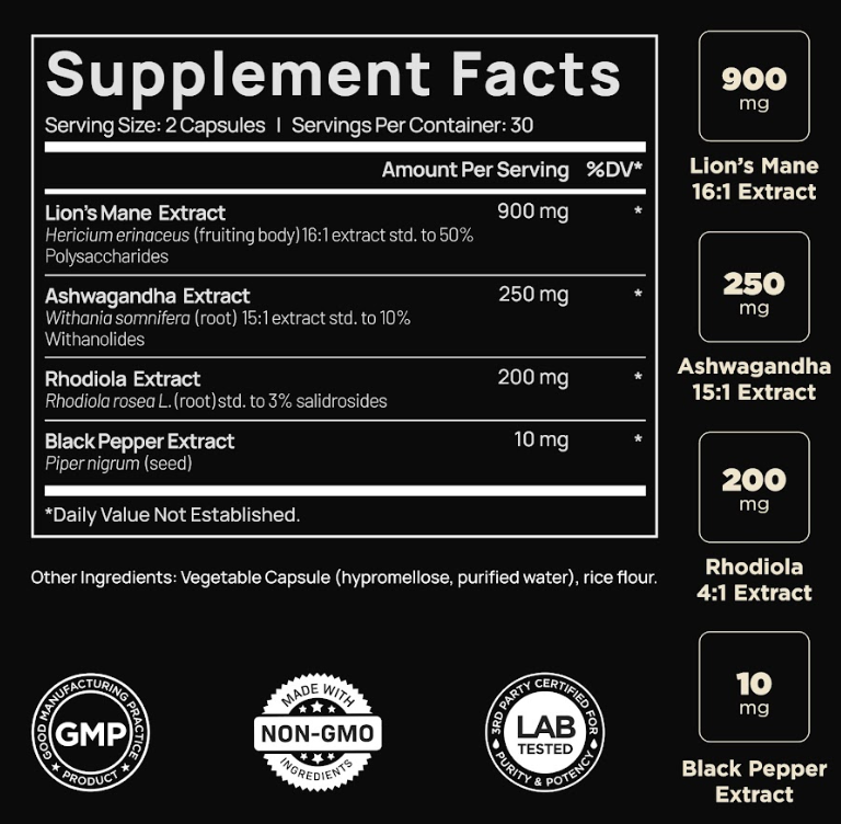 16x Strength Lions Mane Supplement Capsules Super Nootropic w. Ashwagandha & Rhodiola