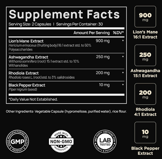 16x Strength Lions Mane Supplement Capsules Super Nootropic w. Ashwagandha & Rhodiola
